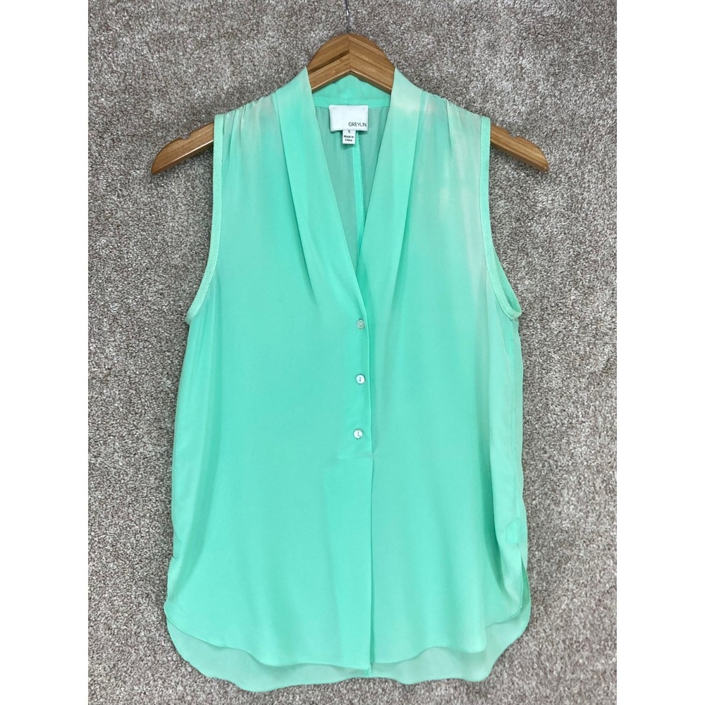 Greylin Silk V-Neck Sleeveless Blouse Womens S Mint Green Sheer Button Front Top